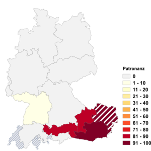 Relative Auftretenshäufigkeit von Patronanz innerhalb der einzelnen Areale im Verhältnis zu Patronat (in %)