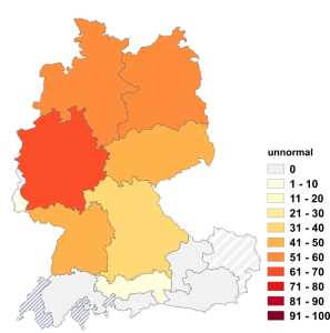 Relative Auftretenshäufigkeit von unnormal innerhalb der einzelnen Areale im Verhältnis zu abnorm, abnormal und anormal (in %)