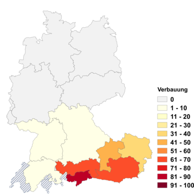 Relative Auftretenshäufigkeit von Verbauung innerhalb der einzelnen Areale im Verhältnis zu Bebauung und Überbauung (in %)