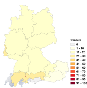 Relative Auftretenshäufigkeit von wendete innerhalb der einzelnen Areale im Verhältnis zu wandte (in %)