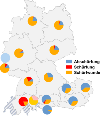 Relative Auftretenshäufigkeit von Abschürfung / Schürfung / Schürfwunde innerhalb der einzelnen Areale