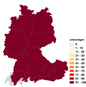 Relative Auftretenshäufigkeit von ankündigen innerhalb der einzelnen Areale im Verhältnis zu ankünden (in %)
