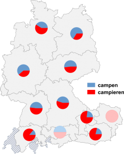 Relative Auftretenshäufigkeit von campen / campieren innerhalb der einzelnen Areale