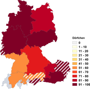 Relative Auftretenshäufigkeit von Dörfchen innerhalb der einzelnen Areale im Verhältnis zu Dörfle, Dörflein und Dörfli (in %)