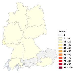Relative Auftretenshäufigkeit von frusten innerhalb der einzelnen Areale im Verhältnis zu frustrieren (in %)