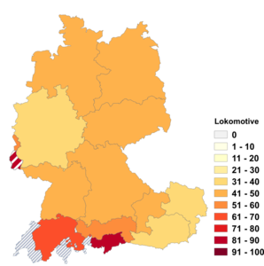 Relative Auftretenshäufigkeit von Lokomotive innerhalb der einzelnen Areale im Verhältnis zu Lok (in %)