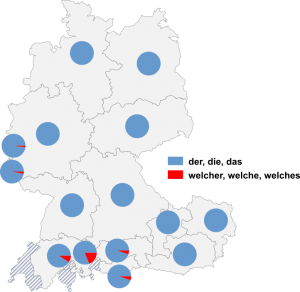 Relative Auftretenshäufigkeit von der, die, das / welcher, welche, welches innerhalb der einzelnen Areale