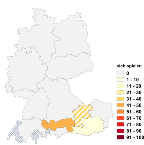 Relative Auftretenshäufigkeit von sich spielen innerhalb der einzelnen Areale im Verhältnis zum Gesamtvorkommen in allen Arealen (in %)