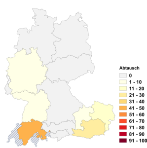 Relative Auftretenshäufigkeit von Abtausch innerhalb der einzelnen Areale im Verhältnis zu Tausch (in %)