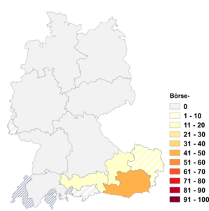Relative Auftretenshäufigkeit von Börse- innerhalb der einzelnen Areale im Verhältnis zu Börsen- (in %)