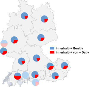 Relative Auftretenshäufigkeit von innerhalb + Gen. / innerhalb + von + Dat. innerhalb der einzelnen Areale