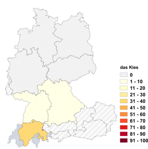 Relative Auftretenshäufigkeit von das Kies innerhalb der einzelnen Areale im Verhältnis zu der Kies (in %)