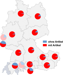 Relative Auftretenshäufigkeit von Kosovo ohne Artikel / Kosovo mit Artikel innerhalb der einzelnen Areale