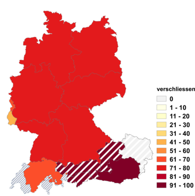 Relative Auftretenshäufigkeit von verschliessen innerhalb der einzelnen Areale im Verhältnis zu abschliessen und zuschliessen (in %)