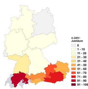 Relative Auftretenshäufigkeit von x-Jahr-Jubiläum innerhalb der einzelnen Areale im Verhältnis zu x-jährige Jubiläum (in %)