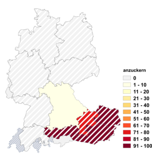 Relative Auftretenshäufigkeit von anzuckern innerhalb der einzelnen Areale im Verhältnis zu überzuckern (in %)