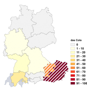Relative Auftretenshäufigkeit von das Cola innerhalb der einzelnen Areale im Verhältnis zu die Cola (in %)