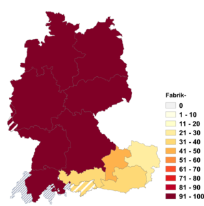 Relative Auftretenshäufigkeit von Fabrik- innerhalb der einzelnen Areale im Verhältnis zu Fabriks- (in %)