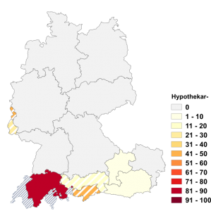 Relative Auftretenshäufigkeit von Hypothekar- innerhalb der einzelnen Areale im Verhältnis zu Hypotheken- (in %)