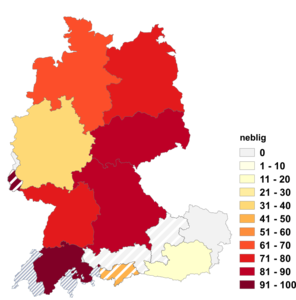 Relative Auftretenshäufigkeit von neblig innerhalb der einzelnen Areale im Verhältnis zu nebelig (in %)