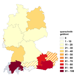 Relative Auftretenshäufigkeit von querschnittgelähmt innerhalb der einzelnen Areale im Verhältnis zu querschnittsgelähmt (in %)