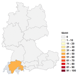 Relative Auftretenshäufigkeit von Säckli innerhalb der einzelnen Areale im Verhältnis zu Säckchen, Sackerl und Säcklein (in %)
