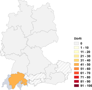 Relative Auftretenshäufigkeit von Dörfli innerhalb der einzelnen Areale im Verhältnis zu Dörfchen, Dörfle und Dörflein (in %)