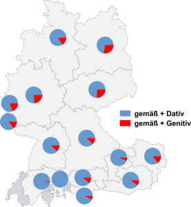 Relative Auftretenshäufigkeit von gemäß + Dativ / gemäß + Genitiv innerhalb der einzelnen Areale
