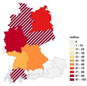 Relative Auftretenshäufigkeit von müffeln innerhalb der einzelnen Areale im Verhältnis zu muffeln (in %)