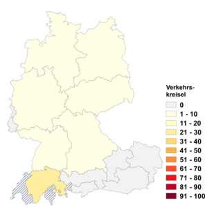 Relative Auftretenshäufigkeit von Verkehrskreisel innerhalb der einzelnen Areale im Verhältnis zu Kreisverkehr (in %)