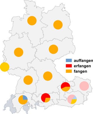 Relative Auftretenshäufigkeit von auffangen / erfangen / fangen innerhalb der einzelnen Areale