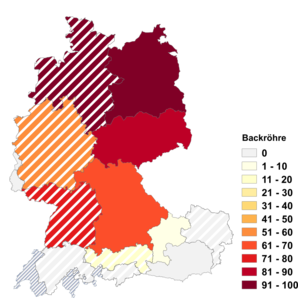 Relative Auftretenshäufigkeit von Backröhre innerhalb der einzelnen Areale im Verhältnis zu Backrohr (in %)