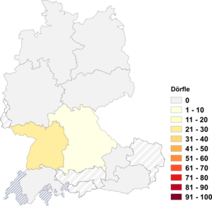 Relative Auftretenshäufigkeit von Dörfle innerhalb der einzelnen Areale im Verhältnis zu Dörfchen, Dörflein und Dörfli (in %)