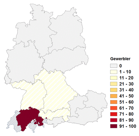 Relative Auftretenshäufigkeit von Gewerbler innerhalb der einzelnen Areale im Verhältnis zum Gesamtvorkommen in allen Arealen (in %)