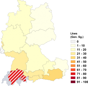 Relative Auftretenshäufigkeit von Lkws innerhalb der einzelnen Areale im Verhältnis zu Lkw (Gen. Sg.; in %)