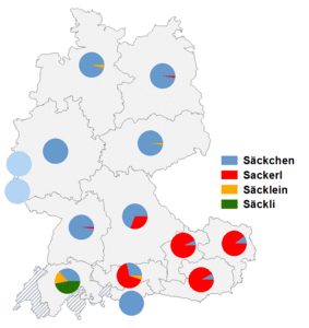Relative Auftretenshäufigkeit von Säckchen / Sackerl / Säcklein und Säckli innerhalb der einzelnen Areale