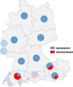 Relative Auftretenshäufigkeit von zensieren / zensurieren innerhalb der einzelnen Areale
