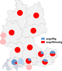 Relative Auftretenshäufigkeit von angriffig / angriffslustig innerhalb der einzelnen Areale
