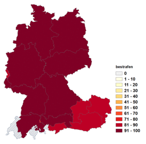 Relative Auftretenshäufigkeit von bestrafen innerhalb der einzelnen Areale im Verhältnis zu abstrafen (in %)
