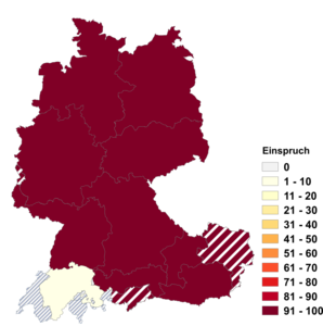 Relative Auftretenshäufigkeit von Einspruch innerhalb der einzelnen Areale im Verhältnis zu Einsprache (in %)