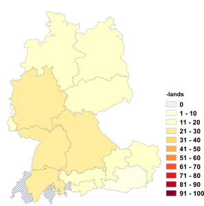 Relative Auftretenshäufigkeit von -lands innerhalb der einzelnen Areale im Verhältnis zu -landes (in %)