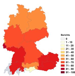 Relative Auftretenshäufigkeit von Berichts innerhalb der einzelnen Areale im Verhältnis zu Berichtes (in %)