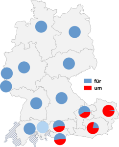 Relative Auftretenshäufigkeit von für / um innerhalb der einzelnen Sprachregionen