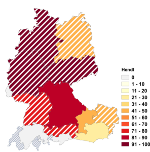 Relative Auftretenshäufigkeit von Hendl innerhalb der einzelnen Areale im Verhältnis zu Hendln (in %)