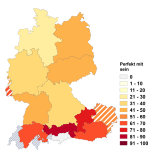 Relative Auftretenshäufigkeit von Perfekt mit sein innerhalb der einzelnen Areale im Verhältnis zu Perfekt mit haben (in %)