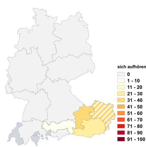 Relative Auftretenshäufigkeit von sich aufhören innerhalb der einzelnen Areale im Verhältnis zum Gesamtvorkommen in allen Arealen (in %)