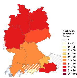 Relative Auftretenshäufigkeit von solcher + schwache Adjektivflexion innerhalb der einzelnen Areale im Verhältnis zu solcher + starke Adjektivflexion (in %)