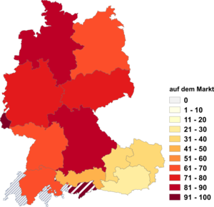Relative Auftretenshäufigkeit von auf dem Markt innerhalb der einzelnen Areale im Verhältnis zu am Markt (in %)