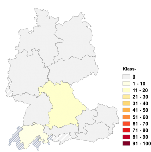 Relative Auftretenshäufigkeit von Klass- innerhalb der einzelnen Areale im Verhältnis zu Klassen- (in %)