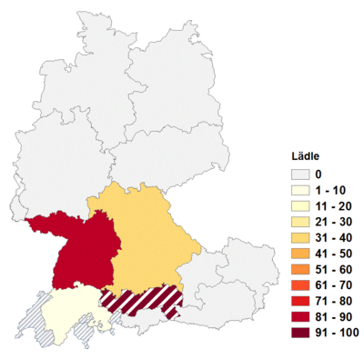 Relative Auftretenshäufigkeit von Läd(e)le innerhalb der einzelnen Areale im Verhältnis zu Lädchen und Lädli (in %)